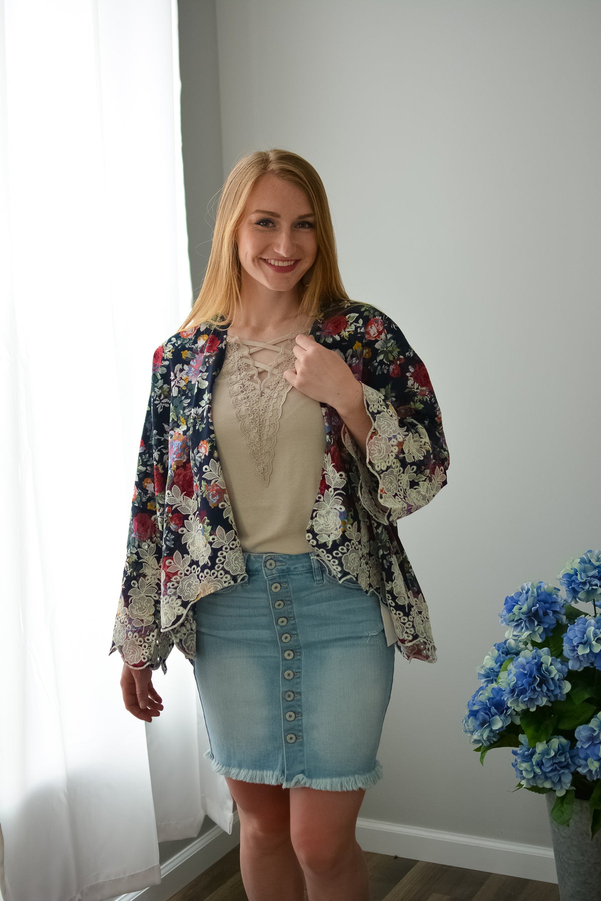 Navy Floral & Lace Kimono - Rhinestones and Roses