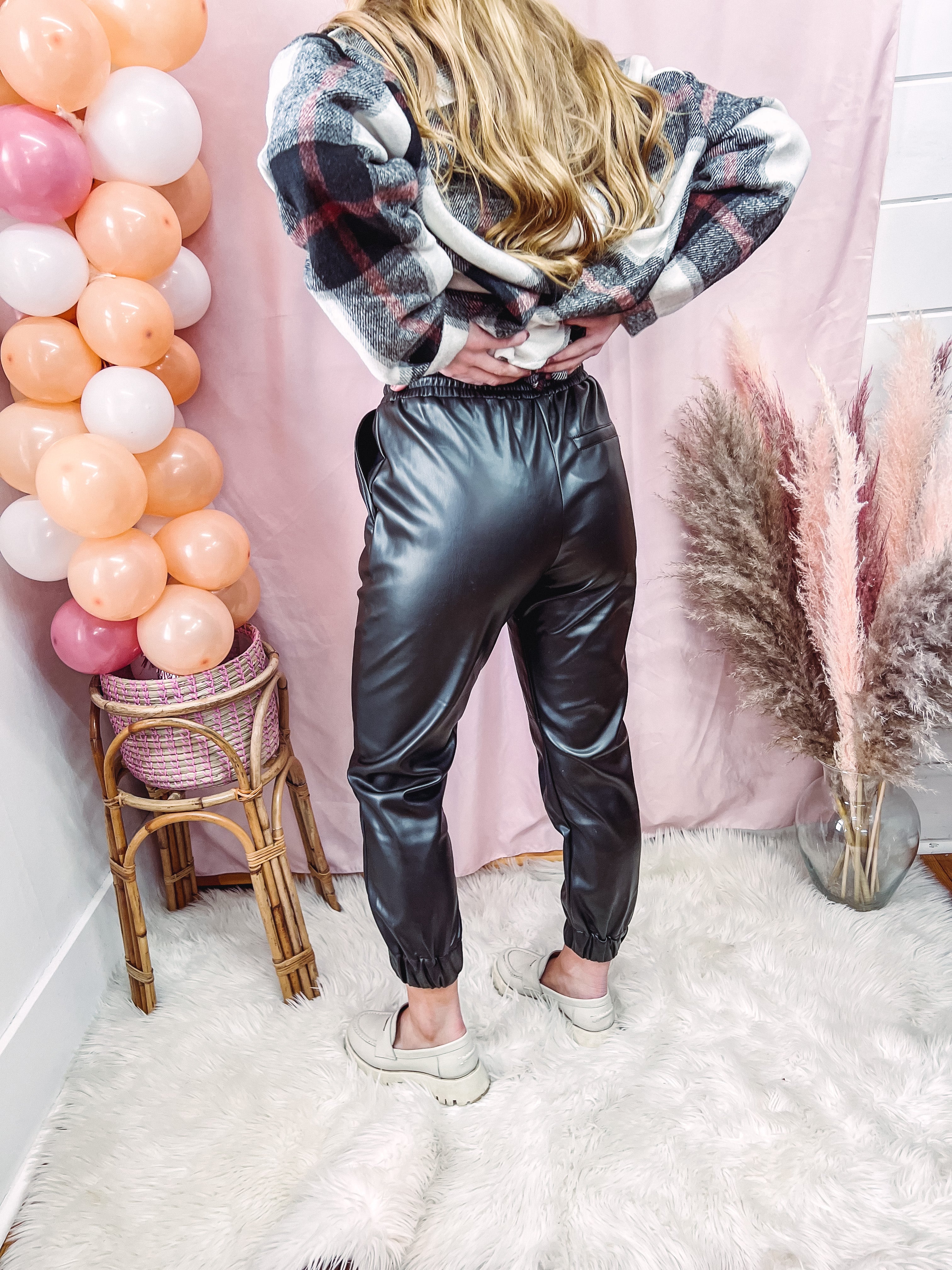 Faux Leather Jogger Pants Rhinestones and Roses